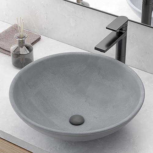 Lavello da bagno rotondo da 40,6 cm, lavello da bagno in cemento, piccolo lavello da bagno sopra il bancone, lavello moderno con superficie liscia, grigio scuro