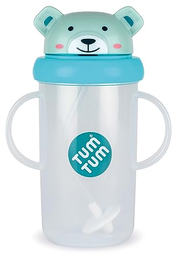 TUM TUM Tasse avec paille lestée, Tasse anti-fuite, Tasse d’Apprentissage pour Bébé, Couvercle Rabattable, Paille en Silicone (Boris l’Ours 300ml)