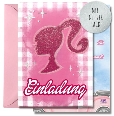 12x Glitzer EINLADUNGSKARTEN +Umschläge (rosa) für PARTY und KINDERGEBURTSTAG - die Karten im rosa Puppen Prinzessin Silhouetten Design sind die EINLADUNG für Mädchen zum GEBURTSTAG & KINDERPARTY