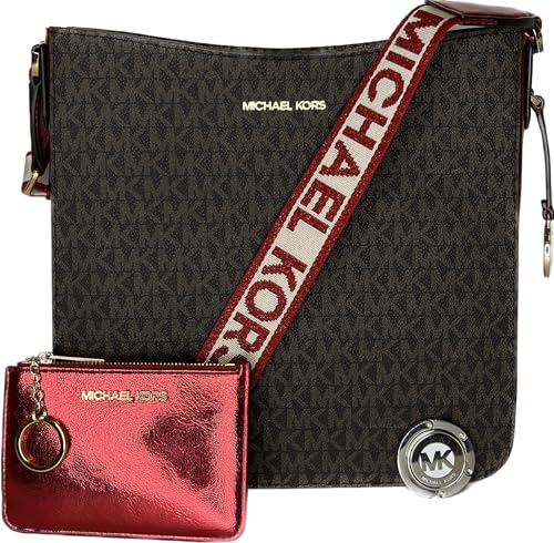 Michael Kors Jet Set Travel Large Messenger Crossbody gebündelt SM TZ Münzbeutel und Geldbörse Haken, Brown Signature/Crimson Red