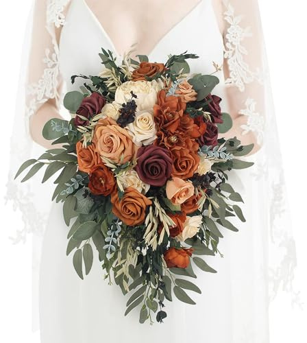 Rinlong Bouquet da sposa a cascata autunnale per sposa arancione bruciato a cascata bouquet da sposa per matrimonio bouquet di fiori artificiali in seta terracotta