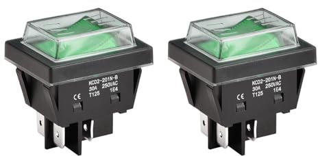 Heschen Interruttore a bilanciere ad alta corrente, 30A 250VAC, ON-OFF a 2 posizioni, DPST, 4 terminali, T125, con coperchio impermeabile (2, Verde)