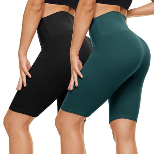 CAMPSNAIL 2er Pack Radlerhosen Damen High Waist Kurze Sporthose Sport Short Leggings Sommer Elastisch Blickdicht Schwarz&Dunkelgrün, XXL