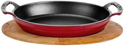 LAVA Gusseisen Ovalpfanne Gusseisen massiv Doppelgriff Buche Servierholz Größe 23x17cm Rot