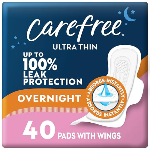 Carefree Ultra Thin Pads for Women, Overnight with Wings | Feminine Care & Postpartum Protection | 40ct (Pack of 1)