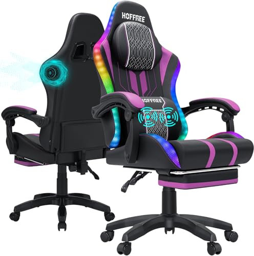 HOFFREE Massage LED Gaming Chair with Speakers, Large and High Video Game Chair with Footrest for 400lbs - Purple and Black High Back Reclining Computer Desk Chair
