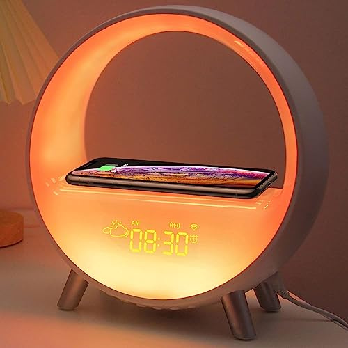Smart Sunrise Wecker mit kabellosem Laden, Rhythmuslampe, Schlummermodus, 9 Lichtmodus & 7 natürlichen Klängen - Bluetooth-Lautsprecher-Nachtlicht