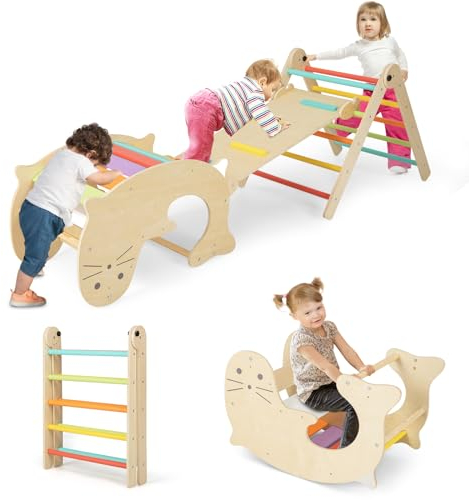 GOPLUS 6 in 1 Klettergerüst, Montessori Kletterdreieck mit klappbarer Leiter, Seelöwe Wippe, Kletterbogen und Rutsche, Indoor Sprossendreieck Spielplatz für Kinder von 3-14 Jahren (Bunt)