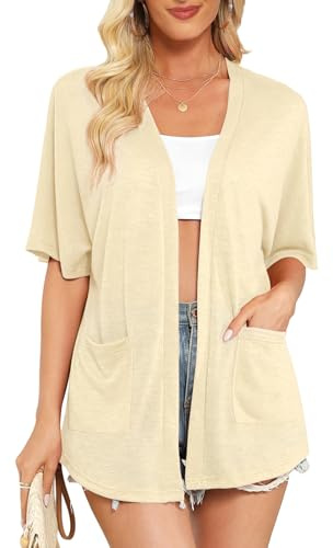 Wiwclo Veryoung Women's 2026 Lightweight Summer Cardigan Plus Size Short Sleeve Cardigans for Women Open Front Casual Loose Cover Up with Pockets, Apricot, X-Large