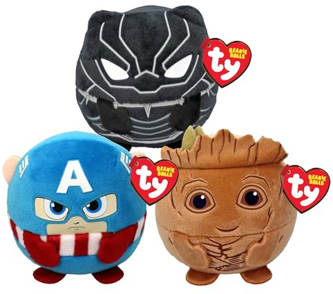 TY Beanie Balls Plüsch-Multipacks - Black Panther, Captain America und Groot Teddy Plüschtiere Set - Weiche Plüschtiere für Kinder und Babys
