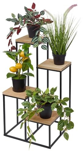 URBNLIVING Tall Black Metal & Wood Plant Stand 4-Tier Indoor Flower Pot Display Shelf, Stylish and Durable, Space-Saving Design, Perfect for Home Decor, Ideal for Showcasing Plants and Flowers