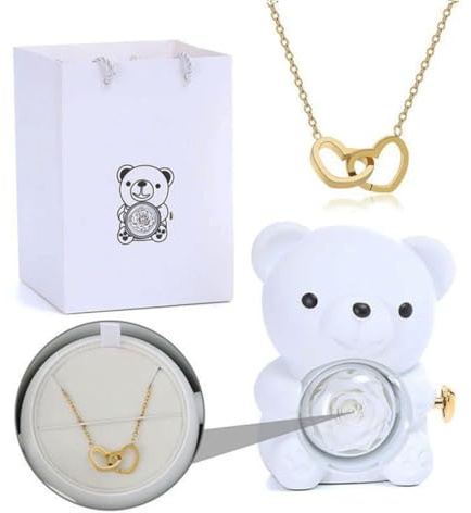 Ours en Rose Préservée avec Collier en Cœur - Cadeau Rose Éternelle pour Maman, Épouse, Petite Amie (Blanc)