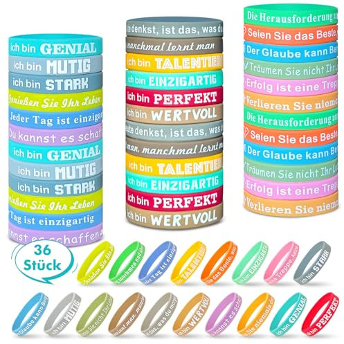Gigmeta 36 Stück Motivationsarmbänder auf Deutsch, 20,5 cm Inspirierende Silikon Armbänder mit 18 Stile Positiven Sprüchen, Motivierendes Silikonarmband Mitgebsel Geschenke für Kinder Kollegen