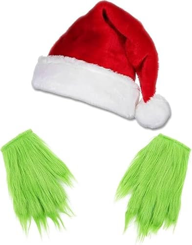 YUNHENTONG Grinch Handschuhe Kostüm Weihnachtsmütze Grinch Accessoires Grün Handschuhen Plüsch Nikolausmütze Lustige Weihnachtsrequisiten, Weihnachten Monster Outfit, Cosplay, Bühnenauftritte