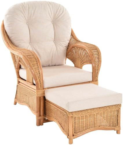 Krines Home Rattan Sessel Palm Rattanmöbel Lounge Wohnzimmersessel mit Polster Wintergarten (Honig, Sessel mit Hocker)