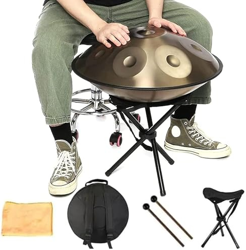 WHOOLEFUN 22 Zoll 9 Note 440HZ Handpan, Gold Performer in d-Moll Zungentrommel, mit Handpan-Ständer, Schlägeln und Staubtuch