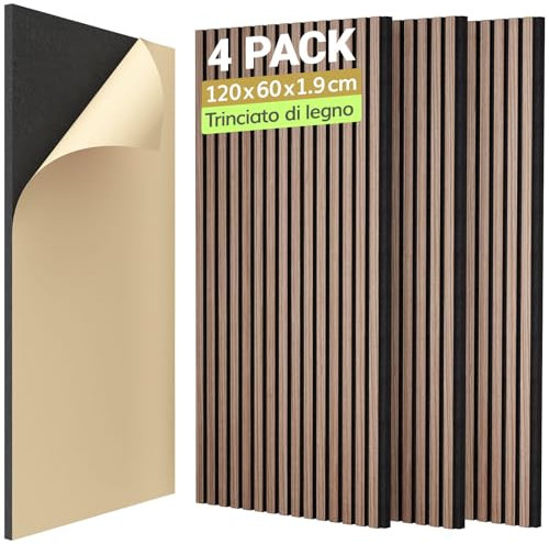 TONOR Holzfurnier Akustikpaneele selbstklebend,2,88m²-4 Stück 120x60x1,9cm 3D Wandpaneele Holzoptik, Akustik paneele für Akustische Behandlung und Wanddekoration, Wohnzimmer, Büro,Walnuss