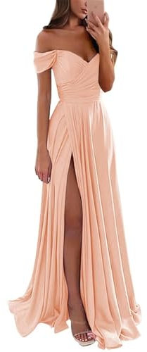 YIANN Robe de demoiselle d'honneur en satin pour femme, robe de bal à épaules dénudées avec fente en A, longue robe de soirée formelle, rose, 34