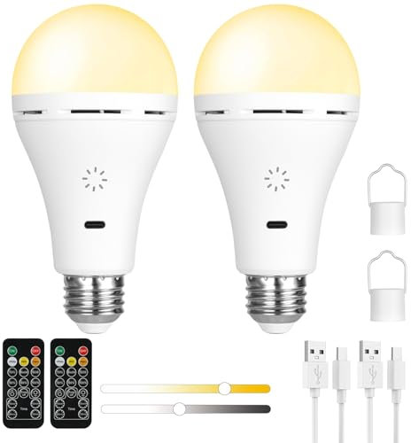 AUAUY USB C Rechargeable Camping Light with Remote & Hook, E27 Touch Control LED Tent Light with Timer, 3 Color Temperatures + Stepless Dimmable Hanging Tent Lamp for Outdoor Emergency Camping-2 Pack