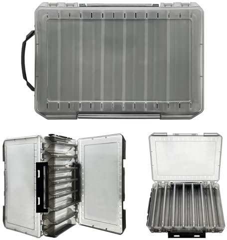 Jemey Köderbox Angeln, 27 x 18 x 5 cm Doppelseitig Köderbox Angeln mit Tragegriff, 14 Fächer Hardbait Box Tackle Box für Hardbaits Wobbler Gummiköder Angel Zubehö