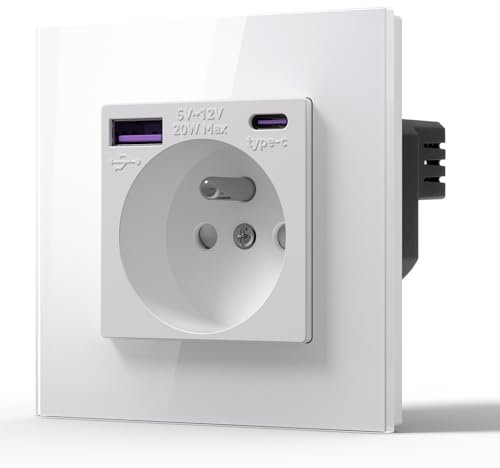 BSEED Prise Murale avec 20W USB C,Chargeur Rapide Multiprises,16A Prise avec Cristal,Prise de courant à Encastrer,1 Prise,86mm Blanc