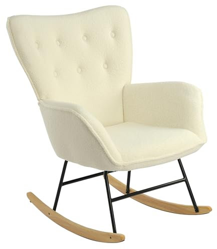 HaiYiZuhause Schaukelstuhl Sessel Relaxsessel Schaukelsessel Schwingstuhl, gepolstert, mit Holzkufen, für Wohnzimmer Schlafzimmer Balkon, Beige