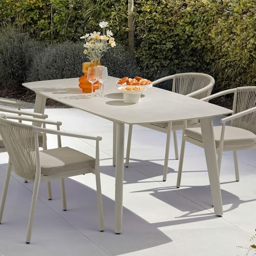 IDIMEX Gartentisch Meza mit Steinplatte 180x90 cm, Cremeweiß – robuster Terrassentisch aus Sinterstein und Aluminium für Garten Balkon und Terrasse, wetterfest und pflegeleicht