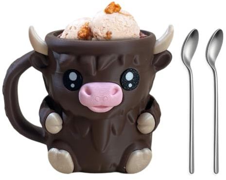 Highland Cow Ice Pint Holder,Niedlicher kuh Eiscreme-Pint-Halter,Anti-Freeze Hände Eisbecher Mit Löffel Schlitz,Geheimer Snackschublade,Wiederverwendbarer Eiscreme,Geschenk (Schokolade mit Löffeln)