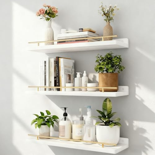 YBCCBY Wooden shelf, 3 Pack Floating Shelves, Wooden Wall Mounted Storage Shelf L-Shaped Corner Shelves White Shelf Screw Mounted Decorative Wall Shelf for Bathroom Kitchen Office Bedroom Living Room