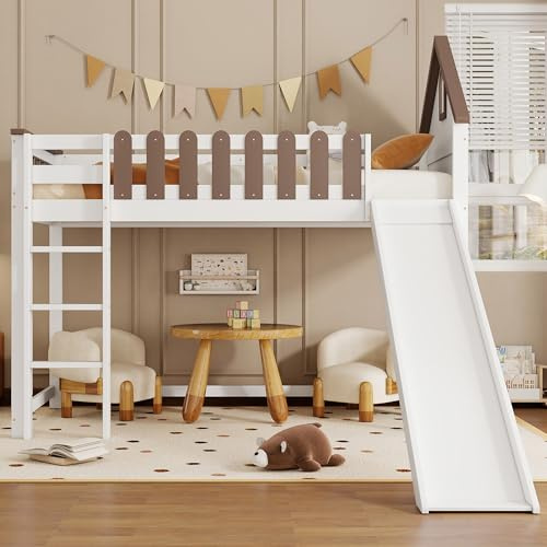 Rvjiahe Hochbett, Mit Dach und Fenster, Mit dreistufiger gerader Leiter, Jugendbett, Kinderbett mit Rutsche, Kiefer+MDF, Weiß+Walnuss, 90x200cm