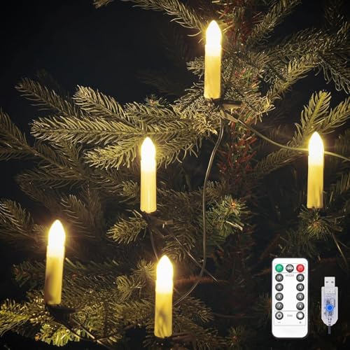 Gresonic 50 Stück Kerze Weihnachtsbaum mit Clips, USB mit weißen Feen Leuchten glänzend warm 8 Modi Timer pa elektrisch Dimmbar für die Feier zu Hause Dekor