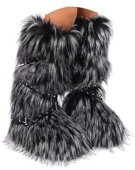 ORANDESIGNE Femme Bottine en Peluche Fourrure Hiver Bottes de Neige Plate Bottines Fourrées Y2K avec Boucle de Ceinture A Gris Foncé 39 EU