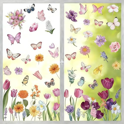 9 Blätter Fensterbilder Frühling Selbstklebend, Tulpen Schmetterlinge Vögel Blumen, Fenstersticker Frühling Anti-Kollision, Wiederverwendbar für Schlafzimmer Wohnzimmer Badezimmer(C)