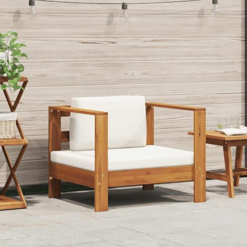 LoogCape Gartenstuhl Akazie Massivholz Creme, Teak-Optik mit Polstern, 80x65x60 cm, witterungsbeständig, für Garten, Terrasse, Outdoor-Möbel, bequemer Sessel