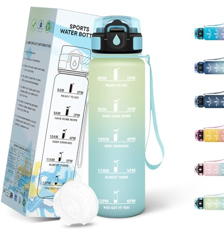 Mulbijeo Trinkflasche 500ml, Wiederverwendung, Wasserflasche BPA-Frei, Motivierende & Zeitmarkierung, Trinkflasche Kinder, Breite Öffnung, Sportflasche für Fahrrad, Fitness, Schule, Büro, Party