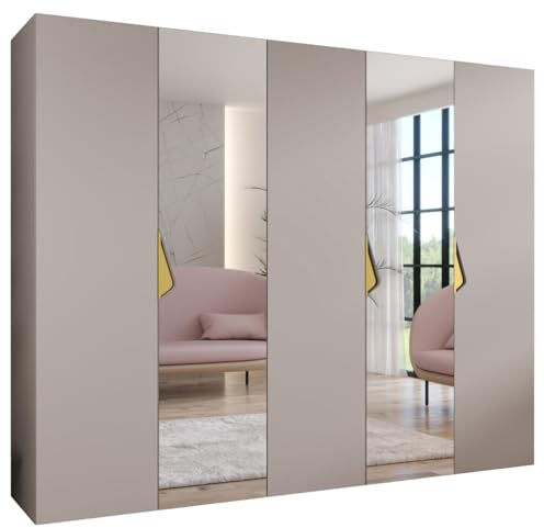 MEBLE KRYSPOL - Kleiderschrank - Garderobenschrank - 250 cm x 202 x 52 cm - Schrank mit Kleiderstange und Spiegel, 5 Türen - für Schlafzimmer, Flur - SANDI, Kaschmir, Griff Gold