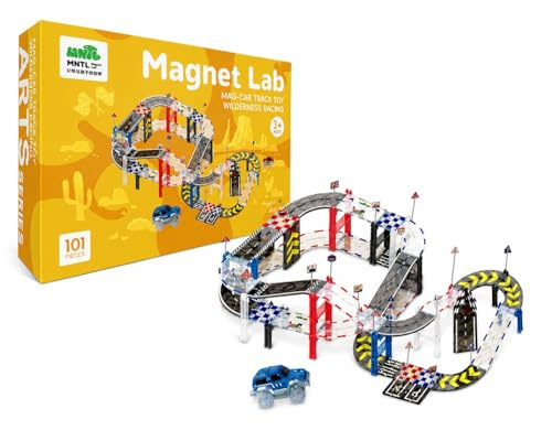 Mag Shapes UV Printing Adventure Magnetic Car Track Set 101 Pieces STEM Toy for Kids 3+ Magnetic Tiles Race Track with Cars Educational Construction Toy Gift for Boys and Girls Early Learning