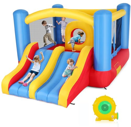 Aufblasbare Hüpfburg für Kinder von 3-12 Jahren, Indoor/Outdoor-Hüpfburg mit Doppelrutsche und Gebläse, 3,65 x 2,75 m große Hüpfburg mit Mittelreifen für den Garten
