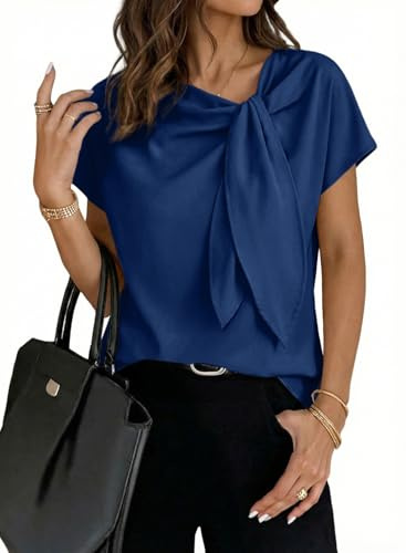 Dokotoo Womens Summer Tops Short Sleeve Casual Chiffon Slit Blouse Elegant Knot Neckline Women's Business Shirts Trend Ladies T-Shirts Blouses Top S-XXL