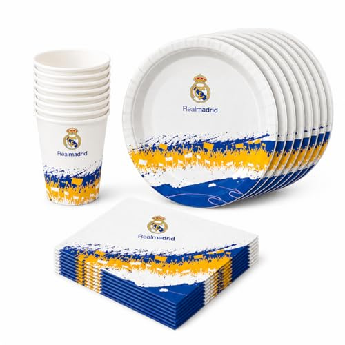 Kit Cumpleaños Real Madrid Oficial – Platos Vasos y Servilletas para 8 Personas | Decoración Fiesta Infantil Real Madrid, Menaje Cumpleaños Fútbol