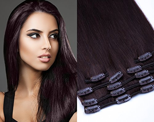 GlamXtensions Clip In Extensions Set für komplette Haarverlängerung 100% Echthaar 7 teilig 70g hochwertigeres Remy Haar 45 cm Clip-In Hair Extension Nr. 2 dunkelbraun dunkel braun