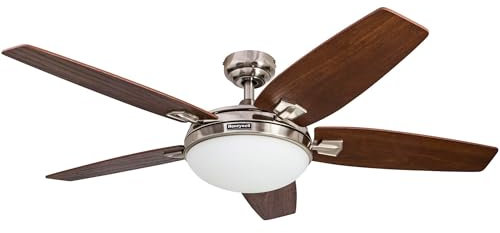 Honeywell Ceiling Fans 50196 Carmel 48 Contemporary Ceiling Fan with Integrated Light Kit and Remote Control, Five Reversible California Redwood/Mendoza Rosewood Blades, Brushed Nickel