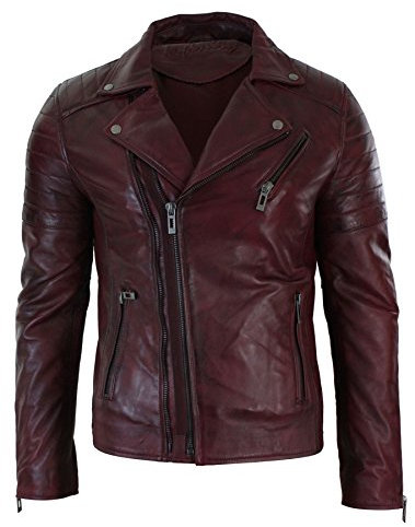 Giacca da uomo 100% in vera pelle, stile Retrò, Vintage, Design biker borgogna L