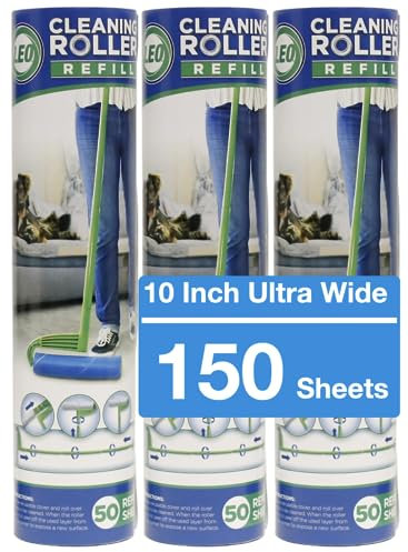 Leo MegaClean 10-Inch Wide Lint Roller Refills 3 Rolls 150 Ultra-Wide Sheets for Lint Removers Household Cleaning Easily Remove Pet Hair Dust and Debris from Floors Carpets and Furniture