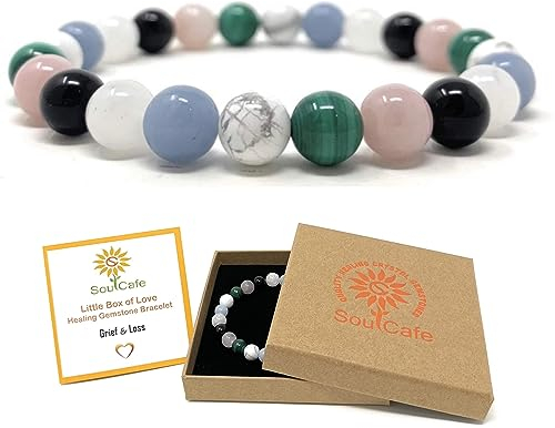 Grief and Loss Crystal Gemstone Stretch Bracelet - Gift Box and Crystal Infomation Card - Malachite, Moonstone, Angelite, Howlite, Obsidian, Rose Quartz - Condolence Gift XS/S/M/L/XL