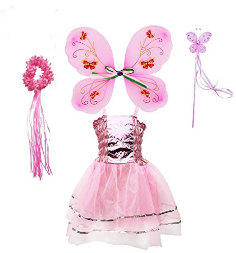 Tante Tina Costume de fée papillon pour fille - 4 pièces avec robe en tulle, ailes, baguette magique et serre-tête - Rose - Convient pour les enfants de 2 à 8 ans