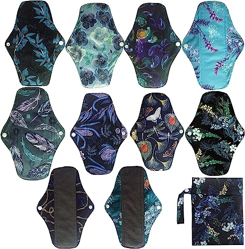 Wiederverwendbare Menstruationseinlagen, 7-teiliges Set, 6 Einlagen und 1 x Waschbeutel, waschbare Pads aus Holzkohle-Bambus-Material, 25,5 cm Länge.