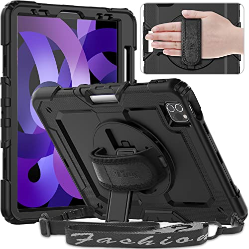 Timecity Hülle für iPad Air 5. / 4. Generation 2022/2020 10,9 Stoßfeste Displayschutz Schutzhülle mit Drehbarer Ständer -Stifthalter -Verstellbarer Handschlaufe - Schultergurt -Schwarz
