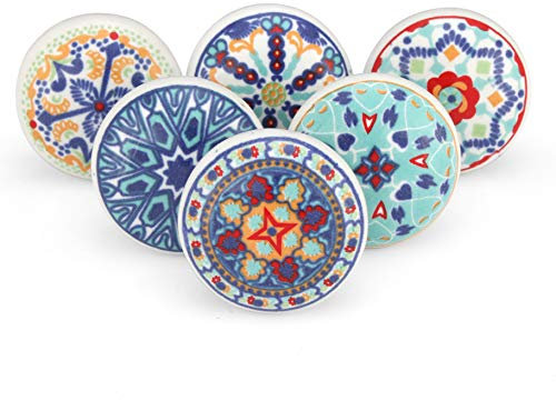 Rasiya Art Assorted Multicolour Drawer Knobs Vintage - Decorative Mandala Ceramic Knobs for Cabinet Door Dresser Drawers Kitchen Wardrobe Pull Handle - Set of 6