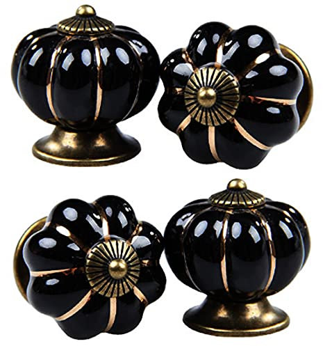Kelier Ceramic Cabinet Knobs, [4 Pack] Vintage Sleek Pumpkin Door Pull Handles for Kitchen/ Dresser Drawer/ Cupboard/ Wardrobe, Black